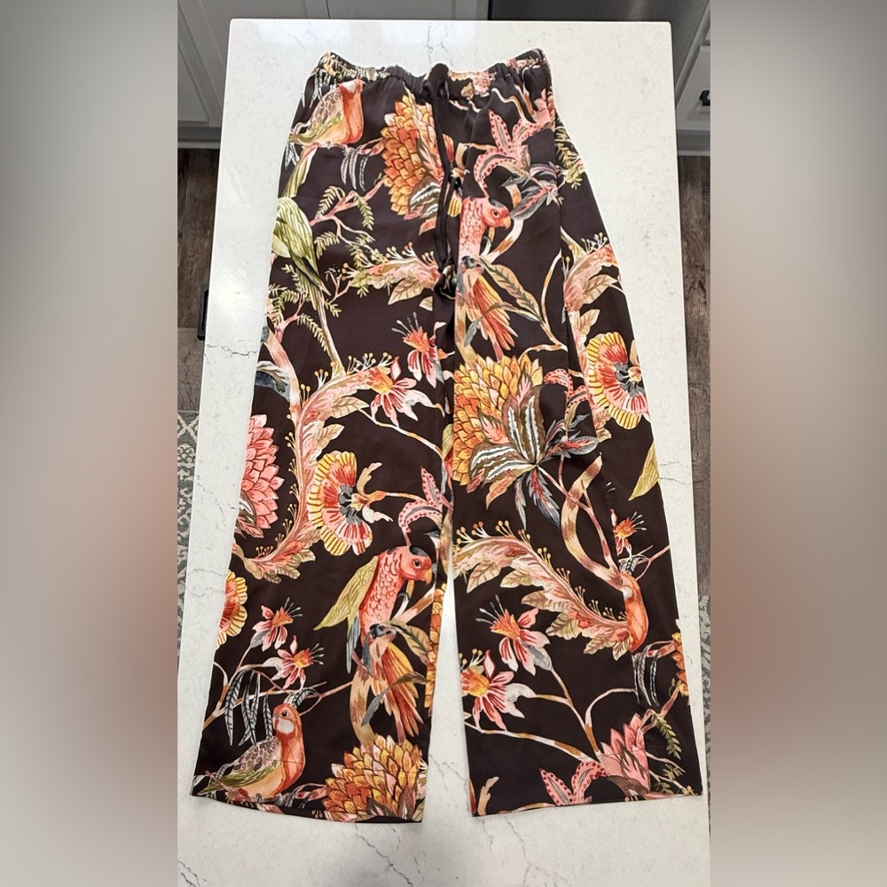 Soma Wide-Leg Floral Lounge Pants Drawstring Parrot Diso Plume Bird Women's M